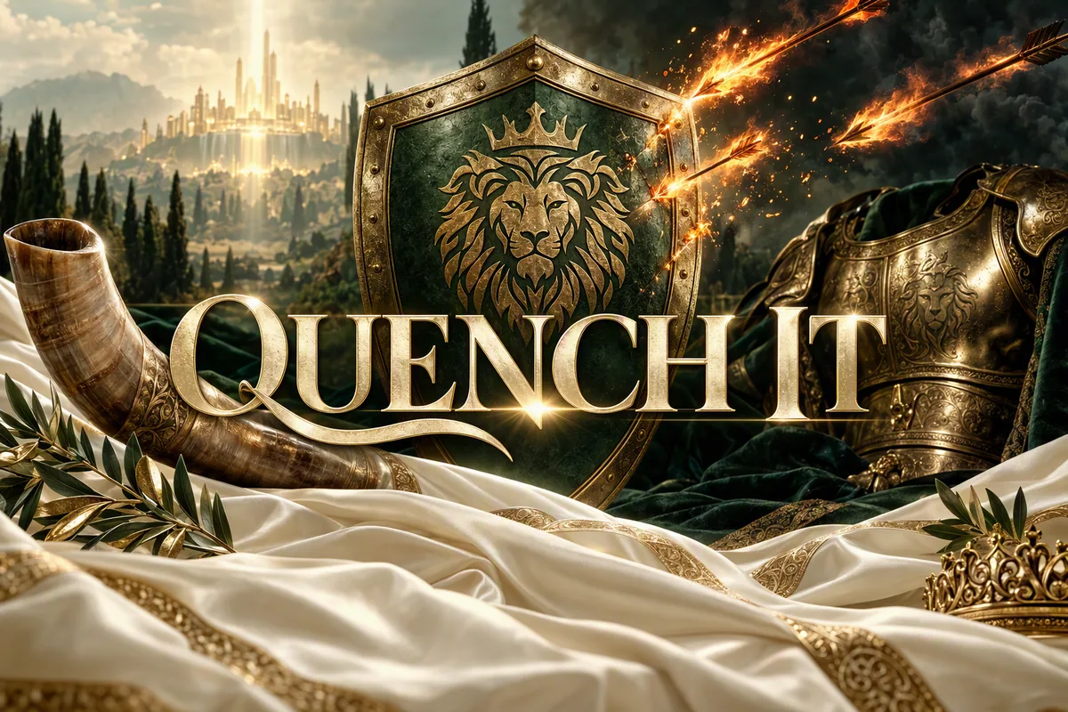 Quench It series artwork: a green shield with a gold lion and crown stopping flaming arrows, beside a shofar and armor