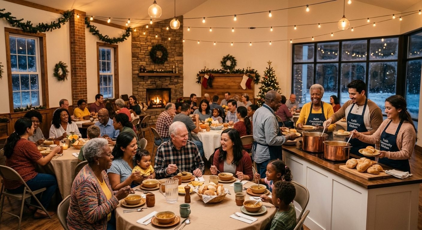 Families and neighbors gathered around warm tables while volunteers serve soup and fresh bread