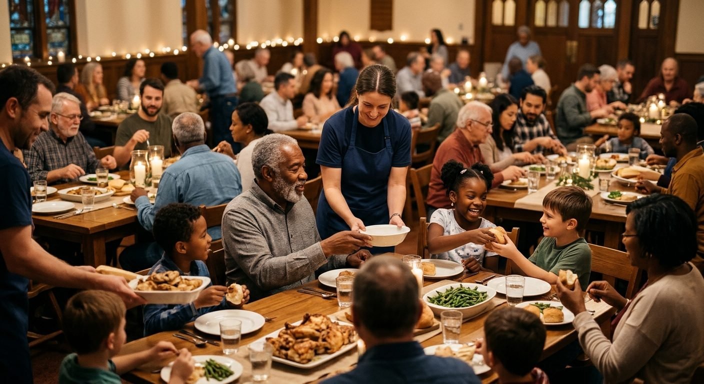 Neighbors of all ages passing food and laughing together around a candlelit table