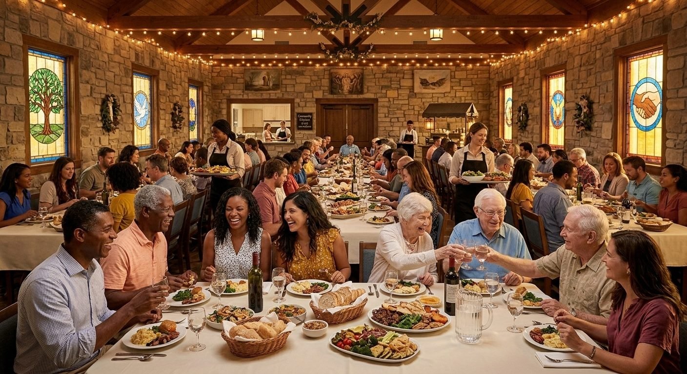 Neighbors sharing a meal together at Tuesday Night Supper