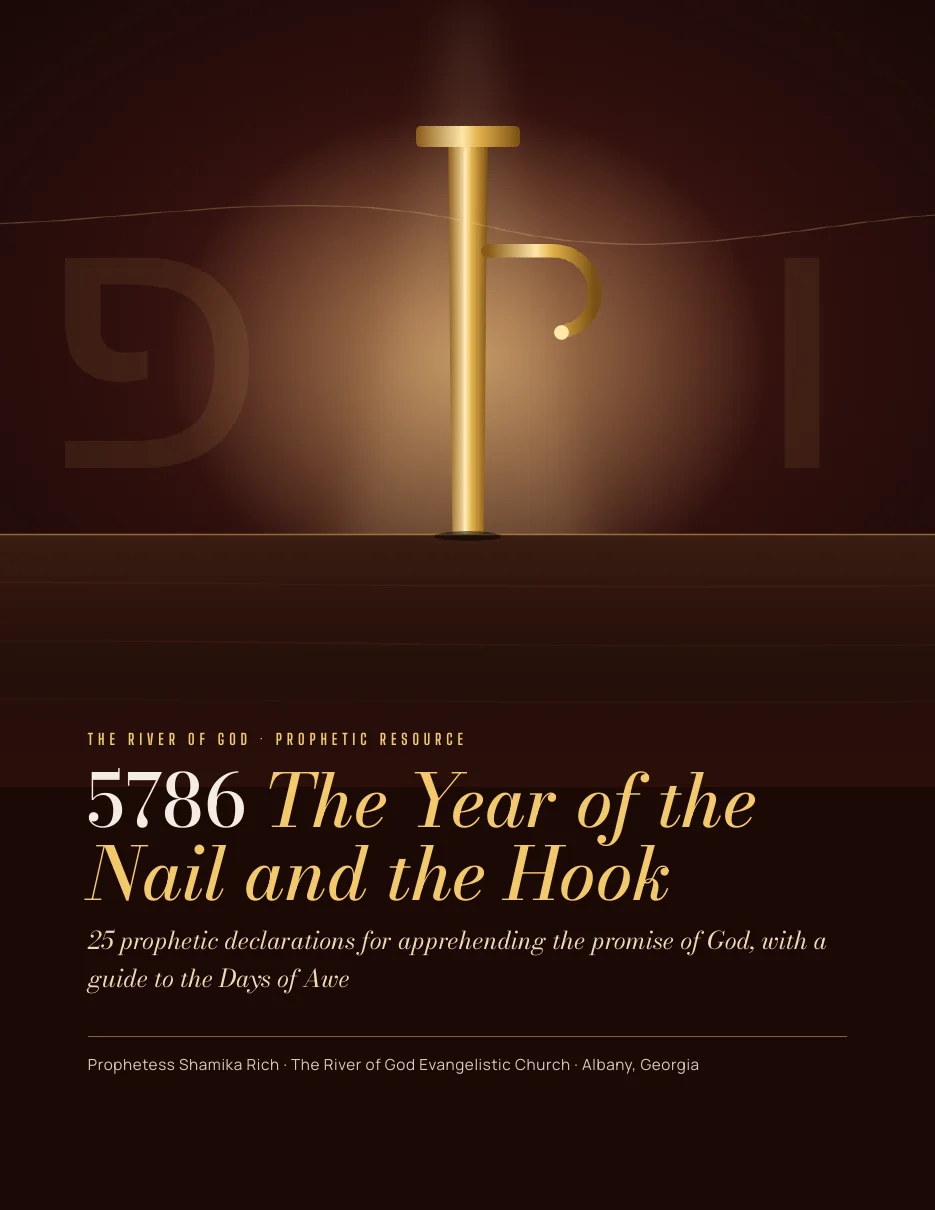 Cover of the 5786 declarations PDF: a golden nail with a hook fastened into a beam, with the Hebrew letters Vav and Peh