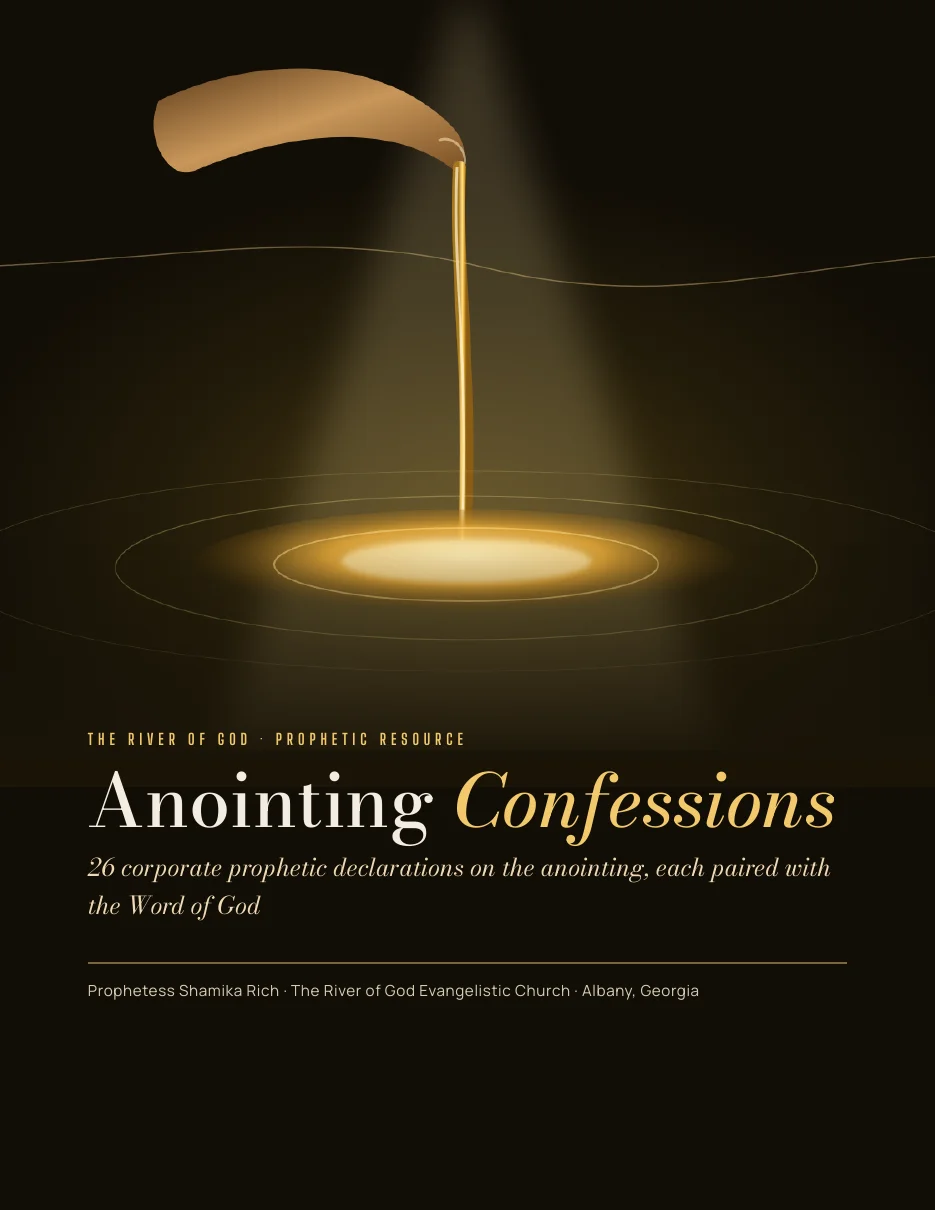Cover of the Anointing Confessions PDF: oil pouring from a horn into a glowing pool