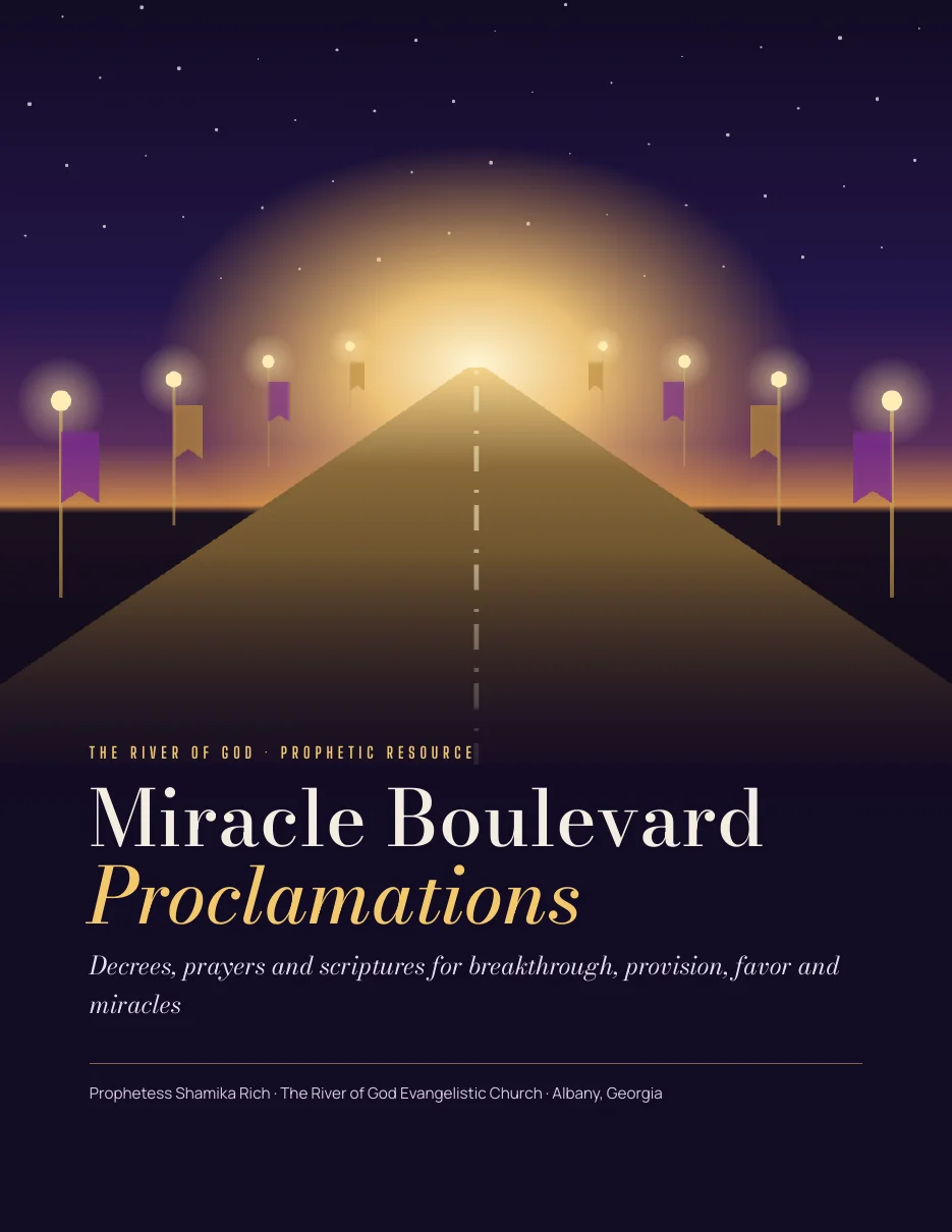 Cover of Miracle Boulevard Proclamations: a tree-lined boulevard with MIRACLE BOULEVARD painted on the road