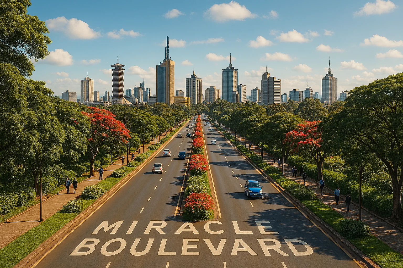 A tree-lined boulevard with MIRACLE BOULEVARD painted on the road